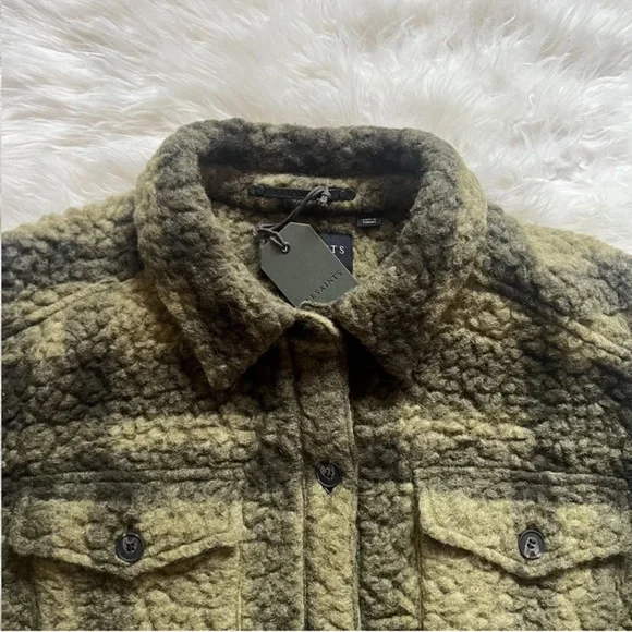 New!  ALL SAINTS Rosey Check Khaki Green Plaid Wool Blend Overshirt Jacket - Picture 6 of 10